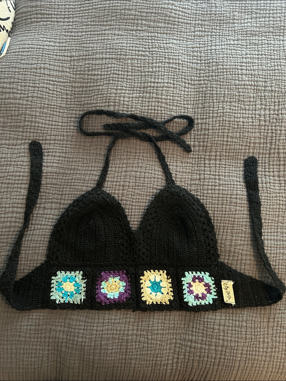 Black Crochet Halter Top with Colorful Granny Squares and Tie back